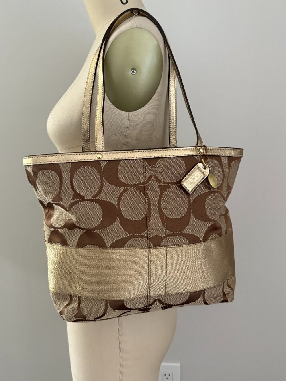 Vintage Coach Gold Monogram Tote Metallic Leather Trim Satchel Y2K Retro Glam